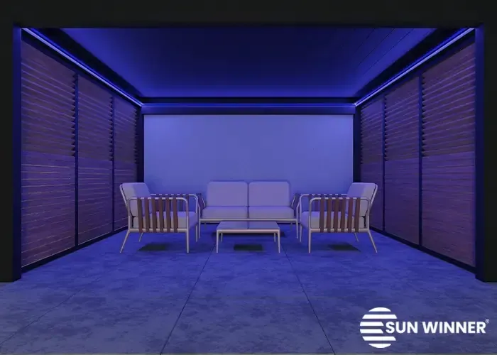 Farbige RGB-LED-Beleuchtung der Pergola S500, eingeschaltet